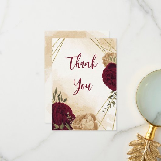 Botanische Hochzeit in Maroon-Beige Dankeskarte (Vorderseite/Rückseite Beispiel)