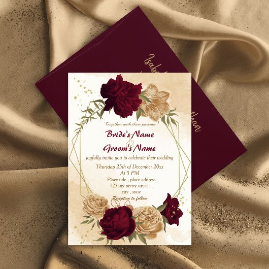 Botanische Hochzeit in Maroon-Beige Einladung