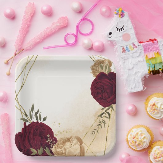 Botanische Hochzeit in Maroon-Beige Pappteller (Party)