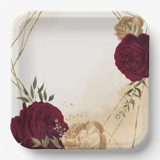 Botanische Hochzeit in Maroon-Beige Pappteller (Vorderseite)