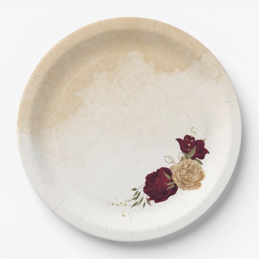 Botanische Hochzeit in Maroon-Beige Pappteller (Vorderseite)