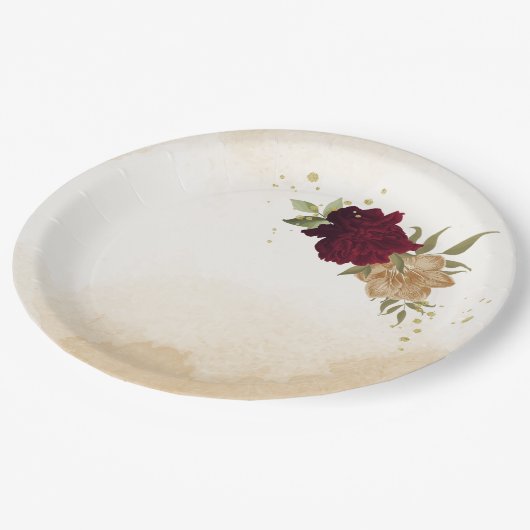 Botanische Hochzeit in Maroon-Beige Pappteller (Schrägansicht)