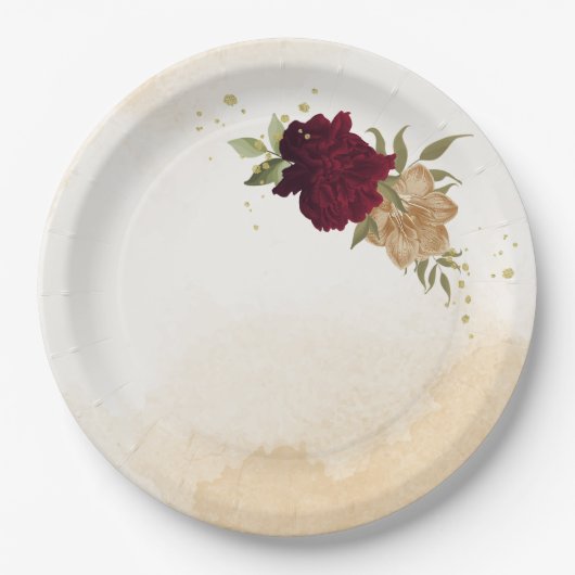 Botanische Hochzeit in Maroon-Beige Pappteller (Vorderseite)