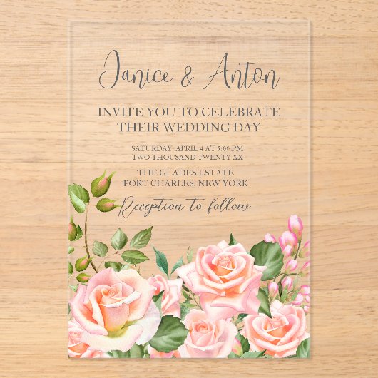 Botanische Hochzeit in Rosa Acryleinladungen (Vorderseite)