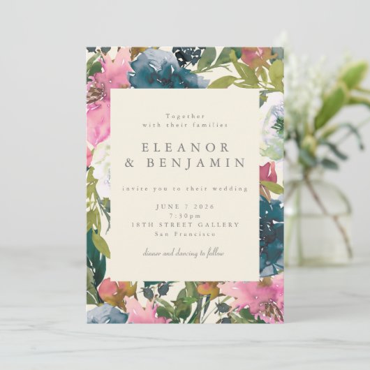 Botanische Hochzeit in rosa Botanischer Wasserfarb Einladung (Stehend Vorderseite)