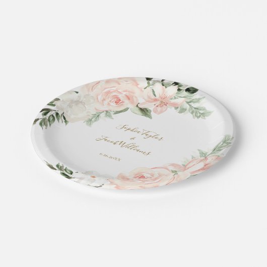 Botanische Hochzeit in Rosa und Gold Pappteller (Schrägansicht)