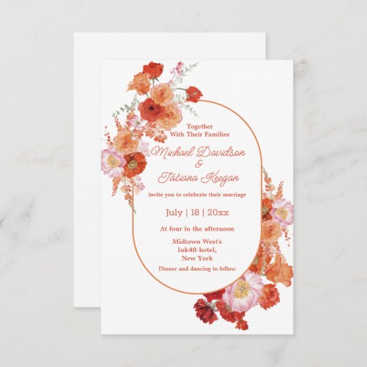 Botanische Hochzeit in Rot-Orange Einladung (Vorne/Hinten)