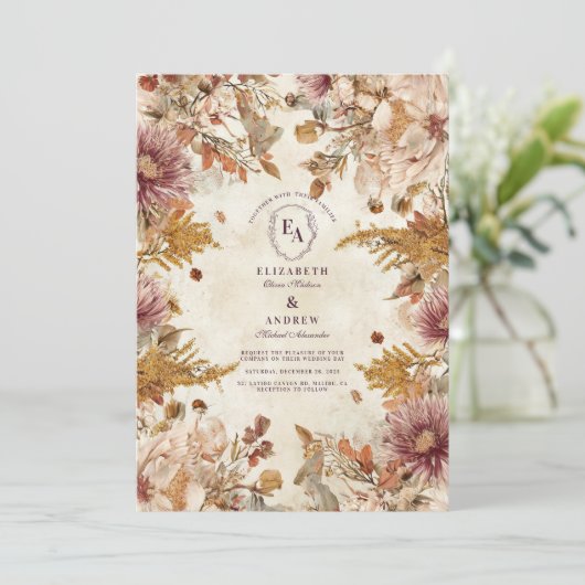 Botanische Hochzeit in Rustikal Einladung (Stehend Vorderseite)