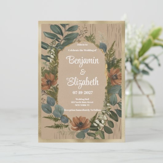 Botanische Hochzeit in rustikalem Wald Einladung (Stehend Vorderseite)