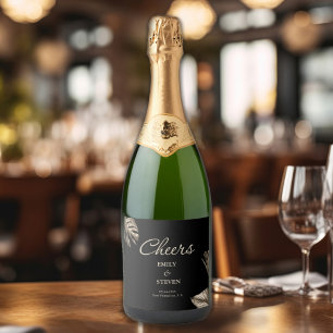 Botanische Hochzeit in Schwarz und Gold Schaumweinetikett