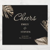 Botanische Hochzeit in Schwarz und Gold Schaumweinetikett (Einzelnes Label)