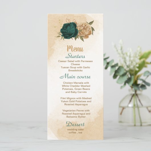 Botanische Hochzeit in Smaragdgrün Menükarte (Stehend Vorderseite)