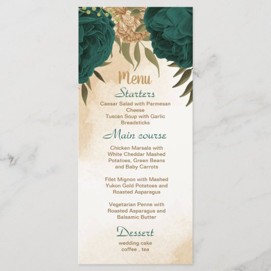 Botanische Hochzeit in Smaragdgrün Menükarte (Vorderseite)