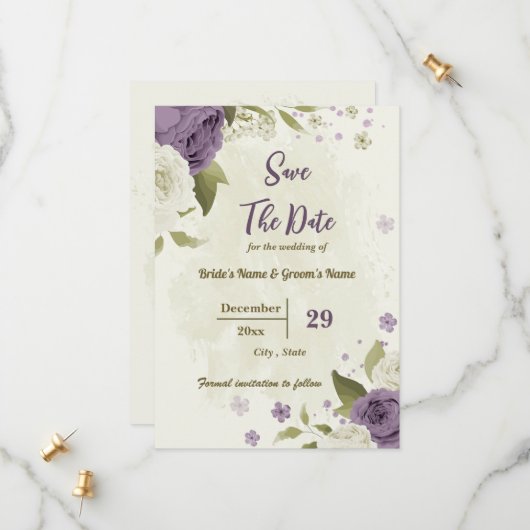 Botanische Hochzeit in Weiß und Lila-Blume Save The Date (Vorderseite/Rückseite Beispiel)