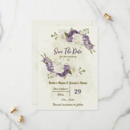 Botanische Hochzeit in Weiß und Lila-Blume Save The Date