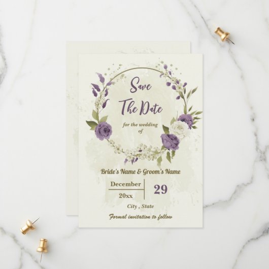 Botanische Hochzeit in Weiß und Lila-Blume Save The Date (Vorderseite/Rückseite Beispiel)