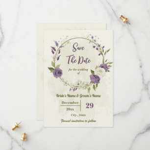 Botanische Hochzeit in Weiß und Lila-Blume Save The Date