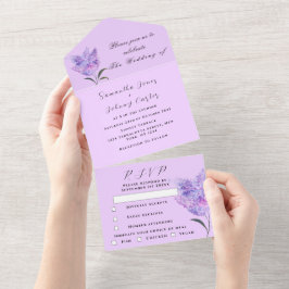 Botanische Hochzeit Lila Flora und Fauna All In One Einladung
