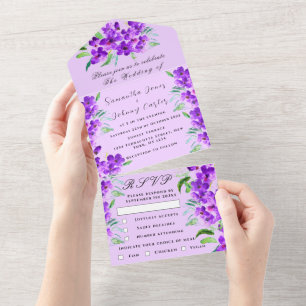 Botanische Hochzeit Lila Flora und Fauna All In One Einladung