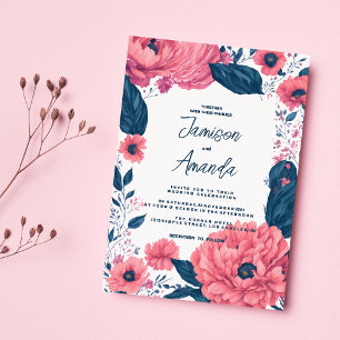 Botanische Hochzeit mit blauen Rosa Aquarellfarben Einladung