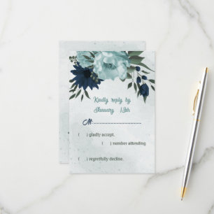 Botanische Hochzeit mit blauen und marinösen Blume RSVP Karte