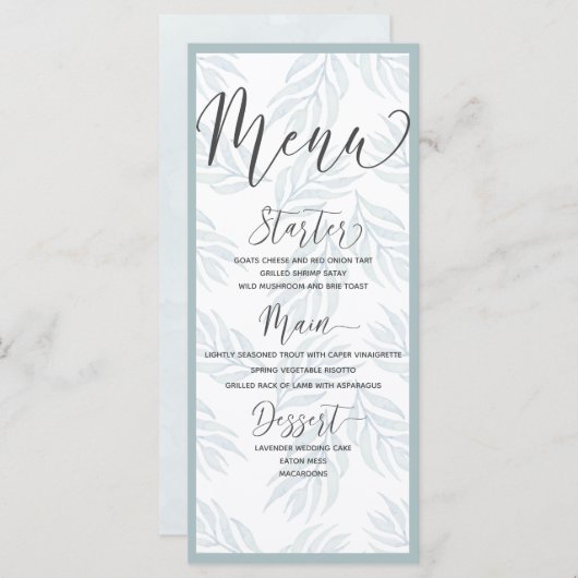 Botanische Hochzeit mit blauen Wasserfarben Menükarte (Vorne/Hinten)