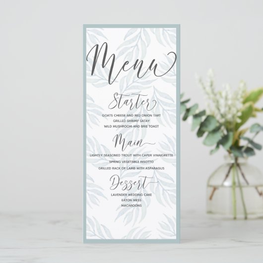 Botanische Hochzeit mit blauen Wasserfarben Menükarte (Stehend Vorderseite)