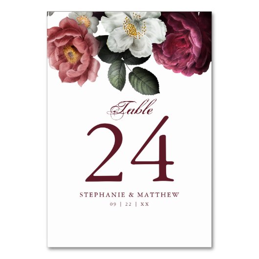 Botanische Hochzeit mit Burgund Blush Rose Tischnummer (Rückseite)