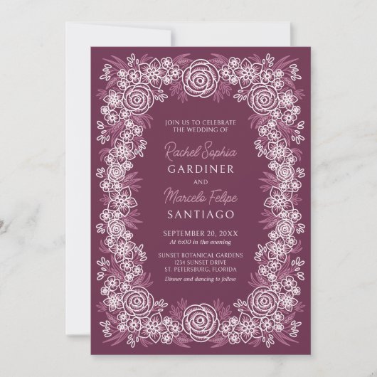 Botanische Hochzeit mit Burgund Einladung (Vorderseite)