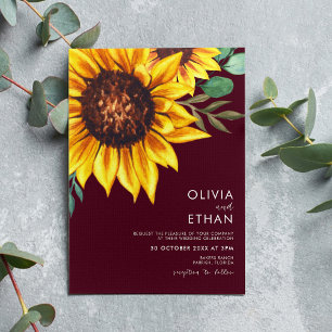 Botanische Hochzeit mit Burgund und Sonnenblumen Einladung