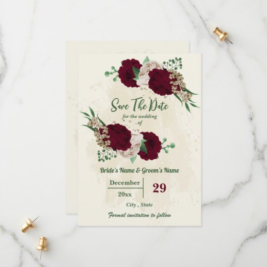 Botanische Hochzeit mit Burgunder Champagner-Blume Save The Date (Vorderseite/Rückseite Beispiel)