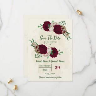 Botanische Hochzeit mit Burgunder Champagner-Blume Save The Date