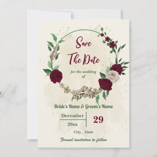 Botanische Hochzeit mit Burgunder Champagner-Blume Save The Date (Vorderseite)