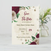 Botanische Hochzeit mit Burgunder Champagner-Blume Save The Date (Stehend Vorderseite)