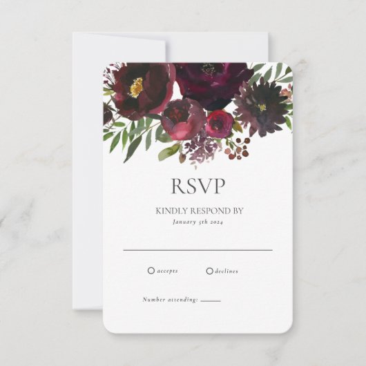 Botanische Hochzeit mit dem Burgund RSVP Karte (Vorderseite)