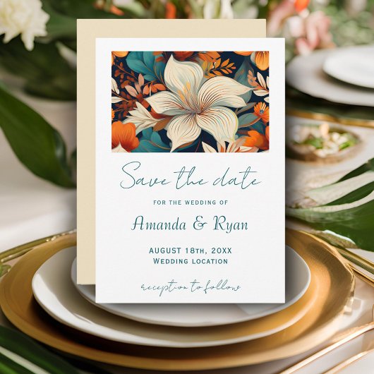Botanische Hochzeit mit eleganten tropischen Pflan Save The Date