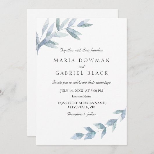 Botanische Hochzeit mit eleganten Wasserfarben Einladung (Vorne/Hinten)