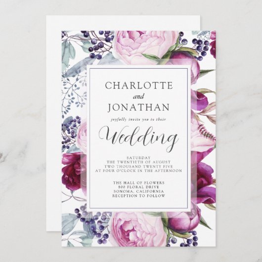 Botanische Hochzeit mit eleganten Wasserfarben Einladung (Vorne/Hinten)