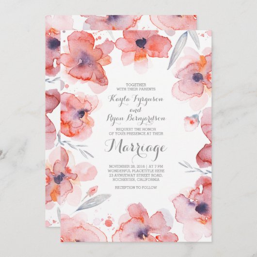 Botanische Hochzeit mit floraler Wasserfarbe Einladung (Vorne/Hinten)