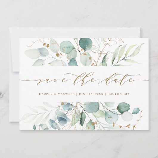 Botanische Hochzeit mit Gold und Grün Save The Date (Vorderseite)