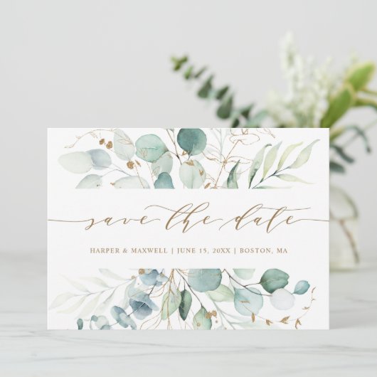 Botanische Hochzeit mit Gold und Grün Save The Date (Stehend Vorderseite)