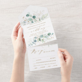 Botanische Hochzeit mit Gold und grünem Wasser All In One Einladung