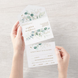 Botanische Hochzeit mit Gold und grünem Wasser All In One Einladung