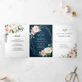 Botanische Hochzeit mit Hübschem Rosa Navy Dreifach Gefaltete Ankündigung