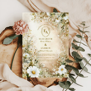 Botanische Hochzeit mit klassischer Creme und Gold Einladung