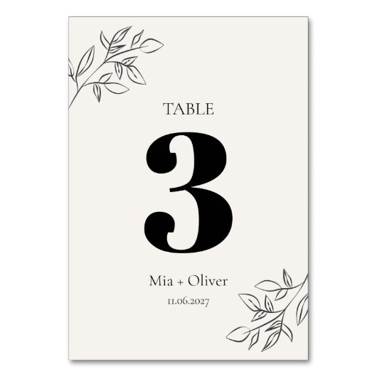 Botanische Hochzeit mit Minimalistischem Schwarz u Tischnummer (Vorderseite)