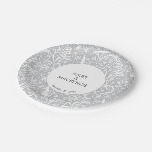 Botanische Hochzeit mit moderner grauer Grafik Pappteller (Schrägansicht)