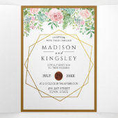 Botanische Hochzeit mit rosa Flora Dreifach Gefaltete Einladung (Innenseite Mitte)