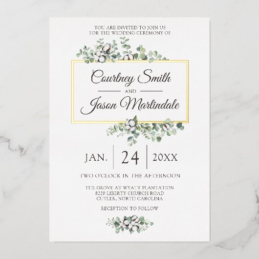 Botanische Hochzeit mit rustikaler Südwolle Folieneinladung (Vorderseite)