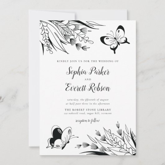 Botanische Hochzeit mit Schwarz-weißem Stift Einladung (Vorderseite)